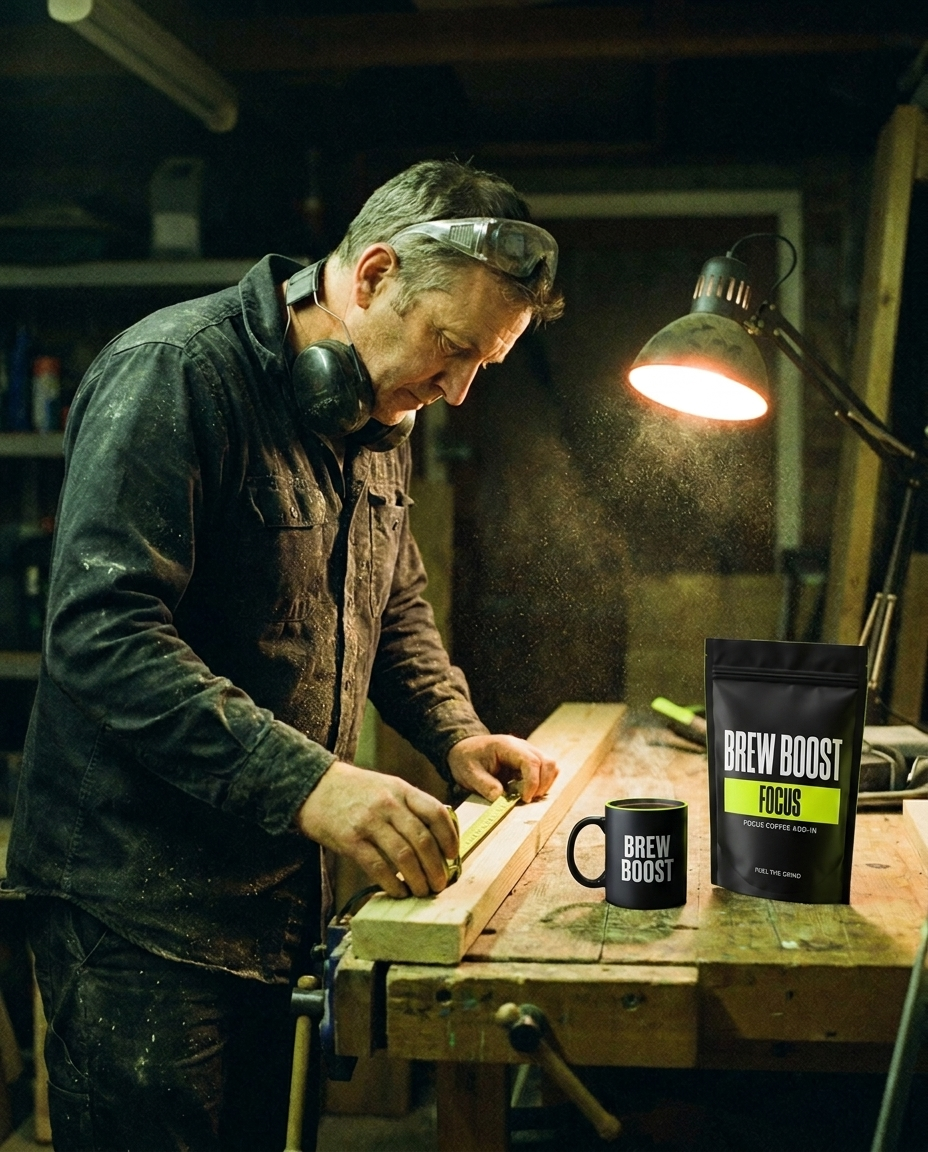 Joiner in safety glasses working late in his workshop