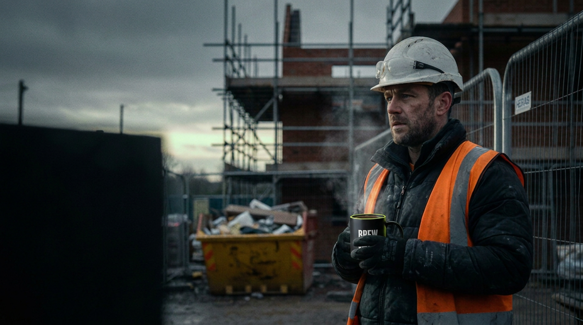 British builder in hi-vis and hard hat holding a coffee on site at dawn