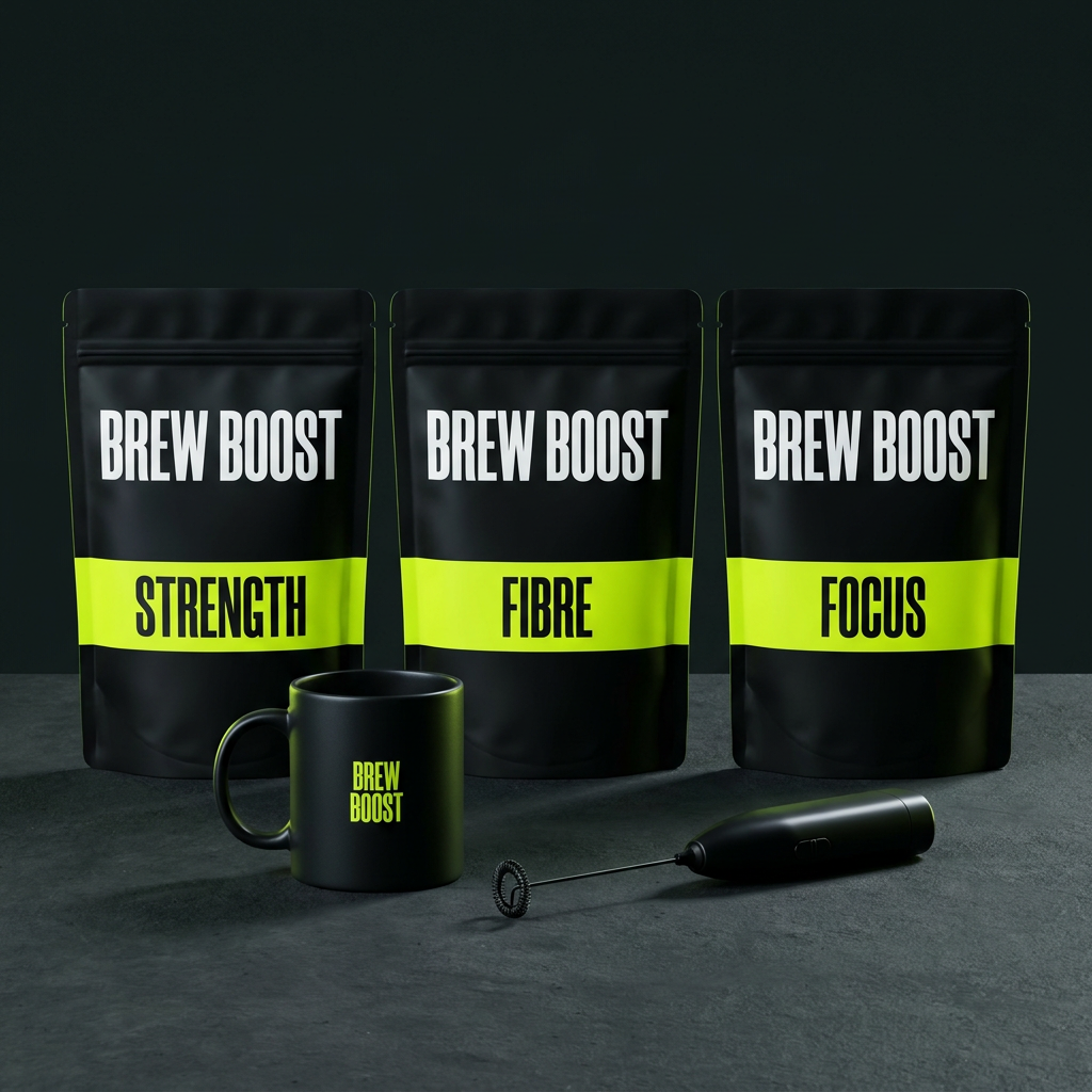 Brew Boost Full Shift Starter Kit with three pouches, mug and frother