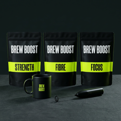 Brew Boost Full Shift Starter Kit with three pouches, mug and frother
