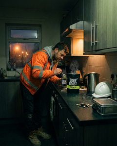 Tradesman adding Brew Boost to his coffee before a 5am shift